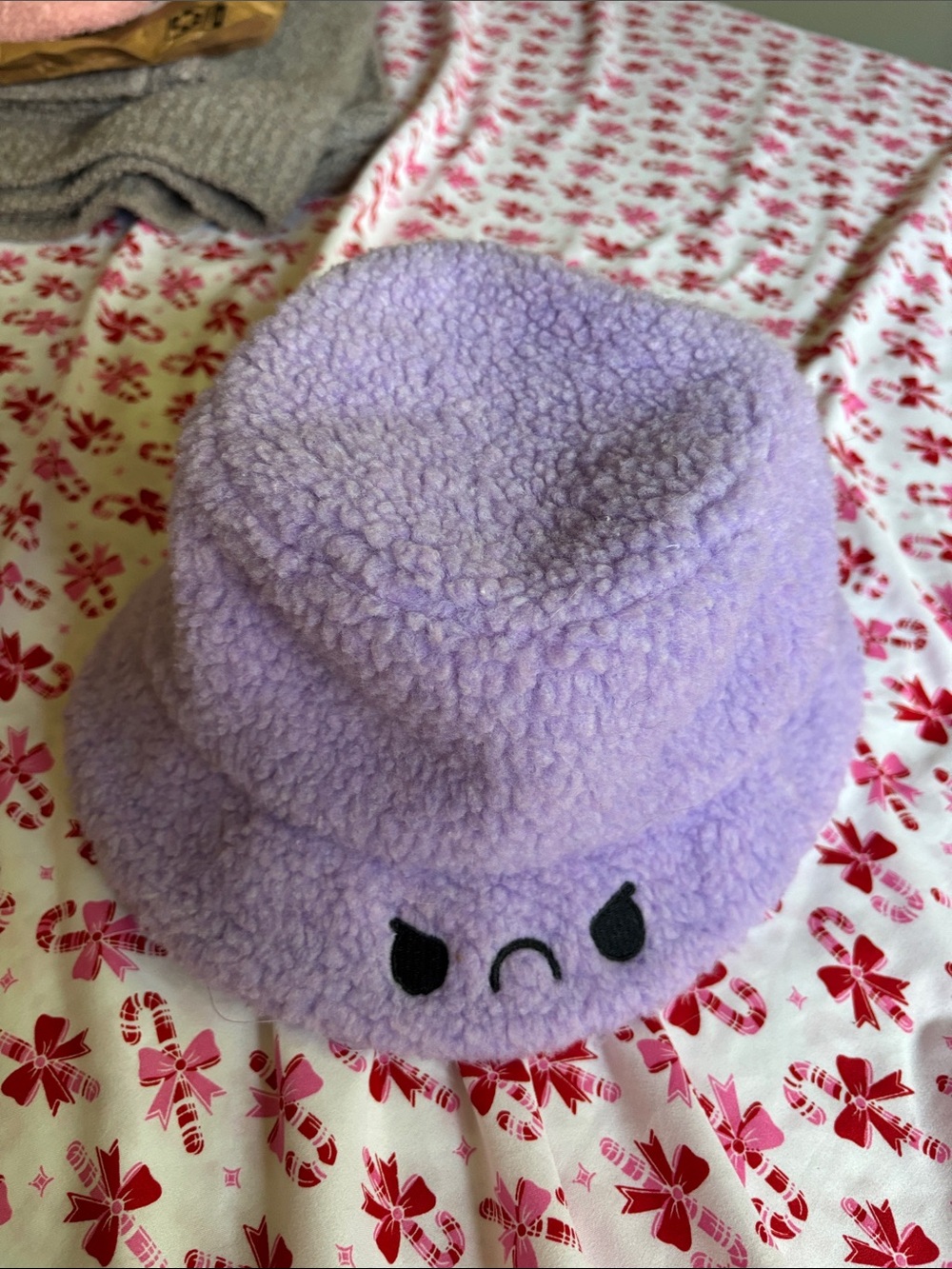 Lavender Sherpa Bucket Hat with Cute Embroidered Face